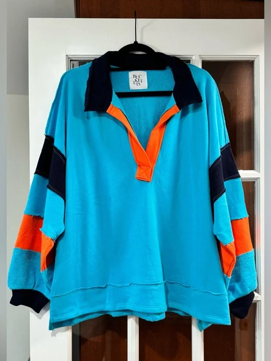 NEW Bucketlist Retro Colorblock Pullover in Turquoise & Orange - Picture 1 of 2